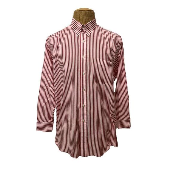 AQUASCUTUM Men's Long Sleeve Button Front Snap Tab Red Striped Size 17 - 33 - Picture 1 of 11